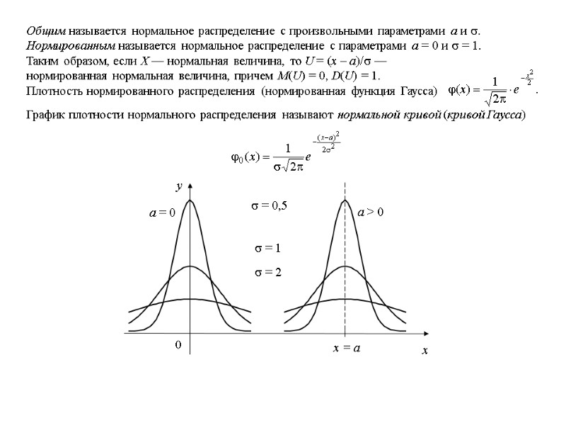 Общим называется нормальное распределение с произвольными параметрами а и . Нормированным называется нормальное распределение